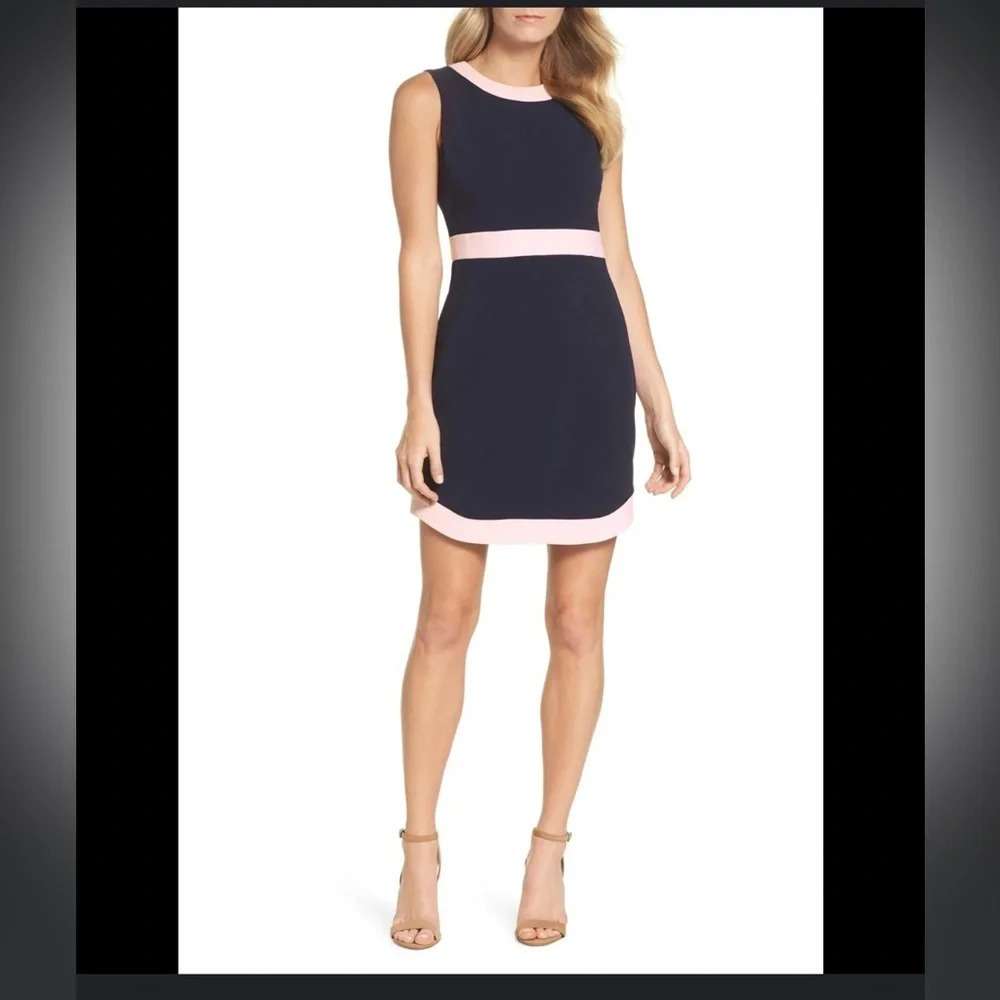 Vince Camuto Colorblock Sheath Dress Sleeveless Navy Pink Trim Work Office